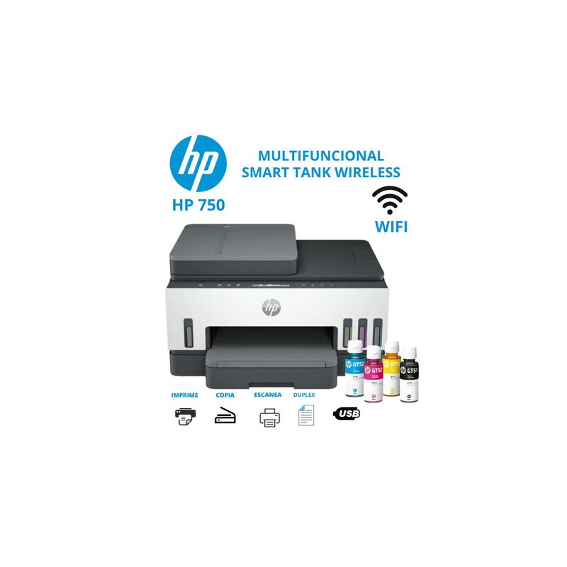 HP - Impresora Multifuncional HP Smart Tank 750 Wifi Dúplex ADF