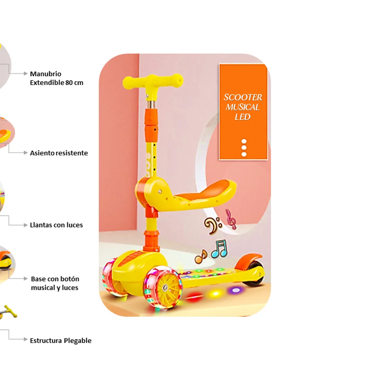 GENERICO - SCOOTER MUSICAL PARA NIÑOS PLEGABLE CON ASIENTO Y LUCES LED