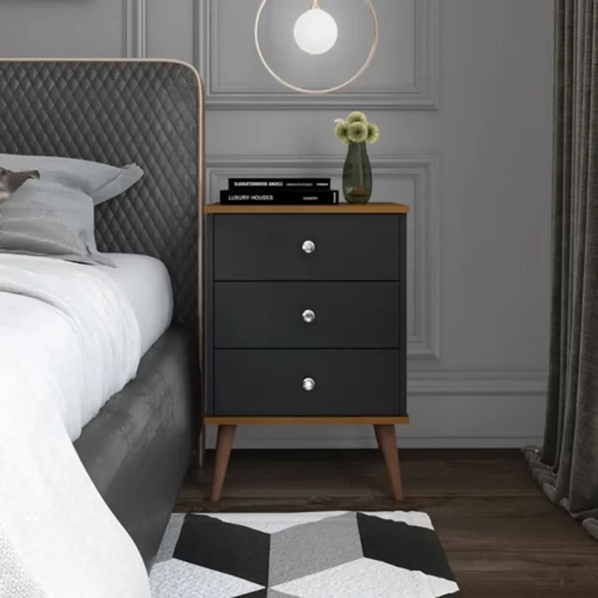 TU MESITA - Mesa de Noche clásica 3 cajones Rosalia color Negro TU MESITA