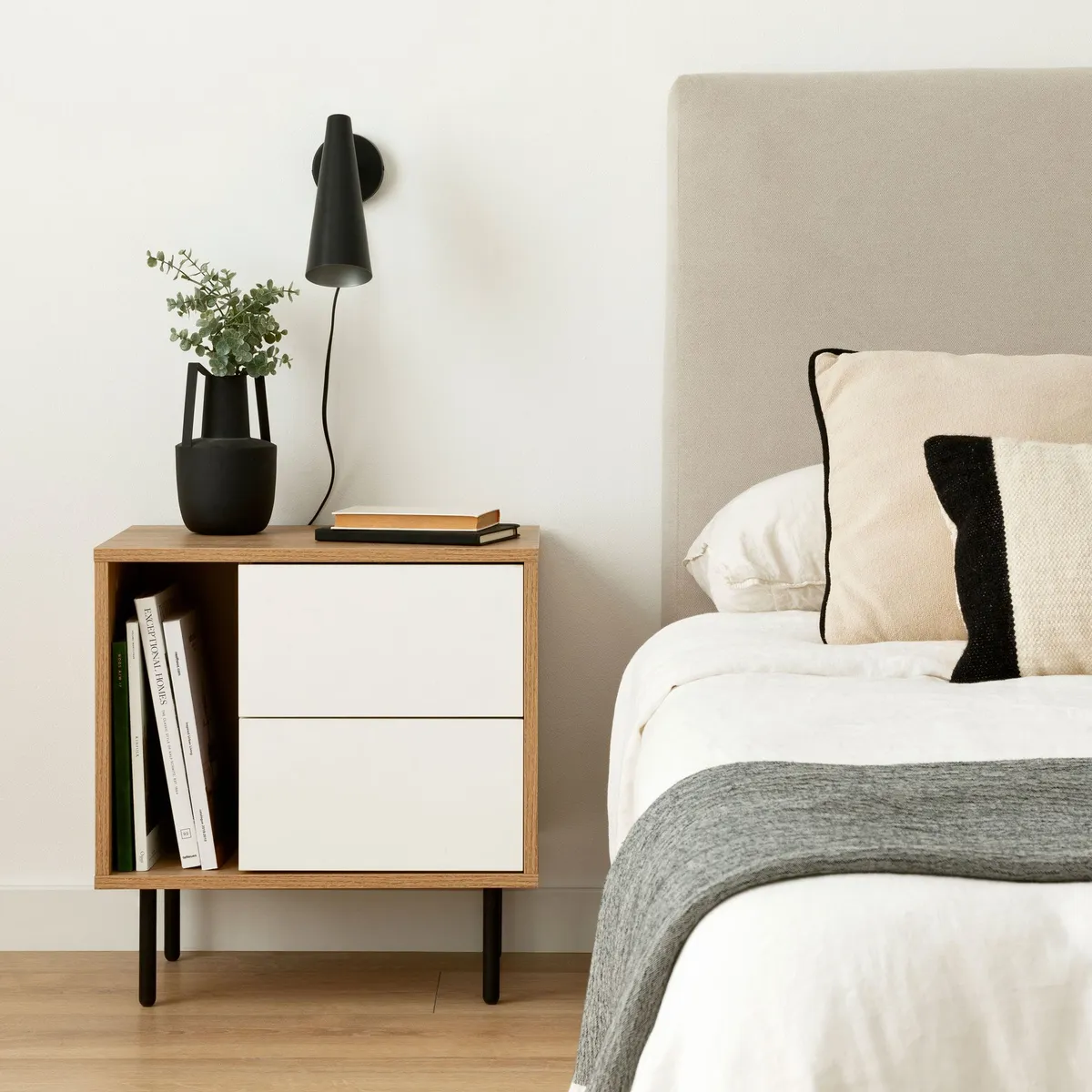 TU MESITA - Mesa de Noche Moderna 2 cajones Peter color Duna/Blanco TU MESITA