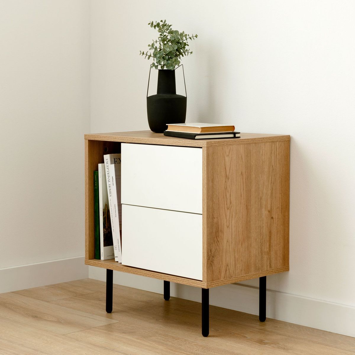 TU MESITA - Mesa de Noche Moderna 2 cajones Peter color Duna/Blanco TU MESITA