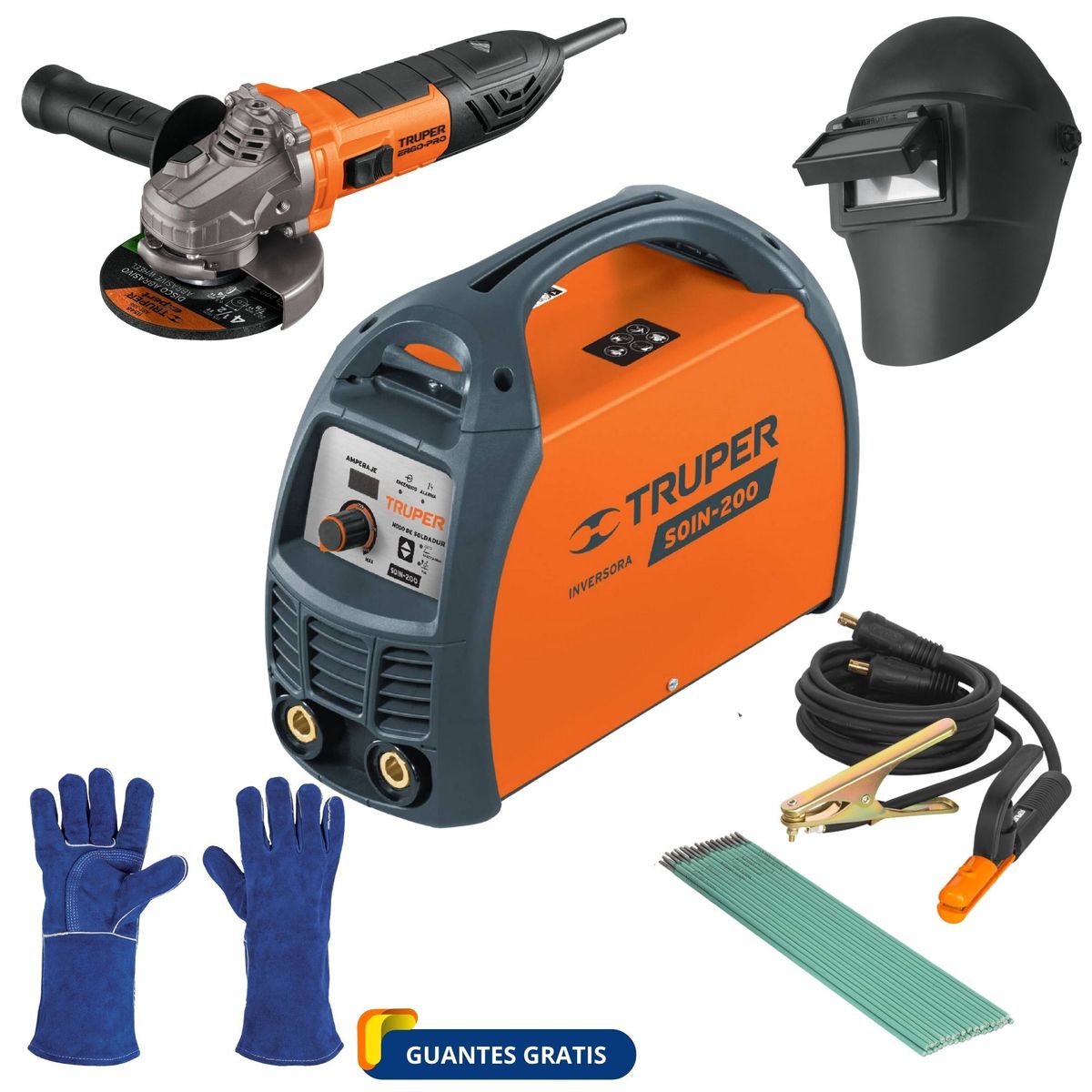 TRUPER - MEGACOMBO MAQUINA SOLDADOR 200A  AMOLADORA ERGOPRO 850W CARETA, GUANTE
