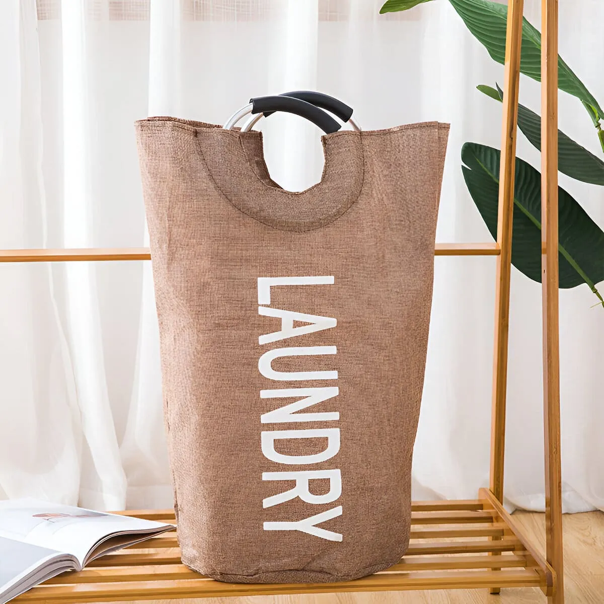 ELMEJORPRECIO - Cesta De Lavandería Multiuso Plegable Con Asas de Aluminio Marrón