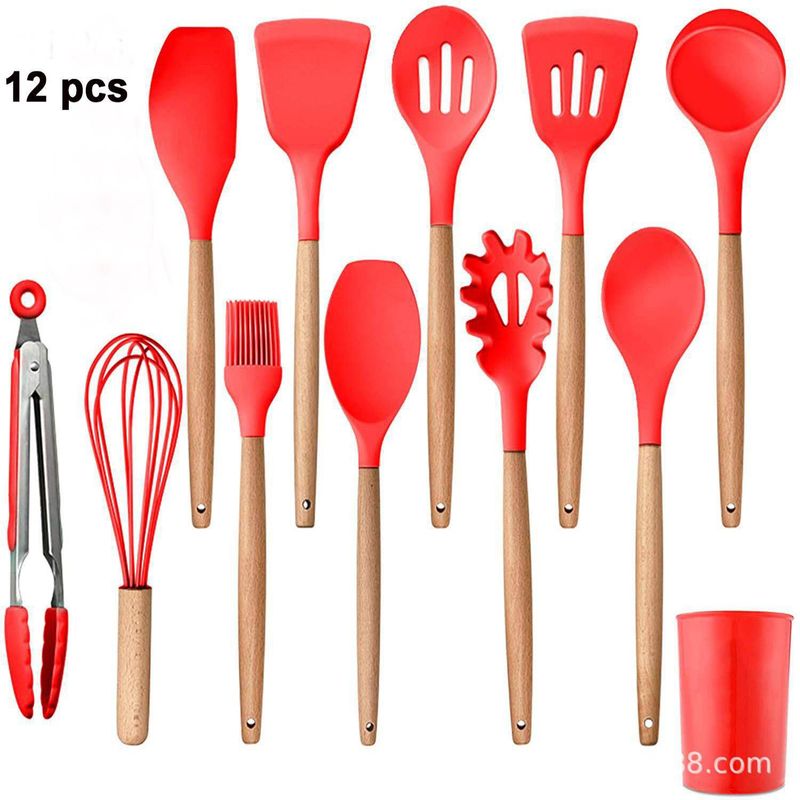 GENERICO - Set Utensilios Cocina Silicona Antiadherente Rojo-12 Piezas