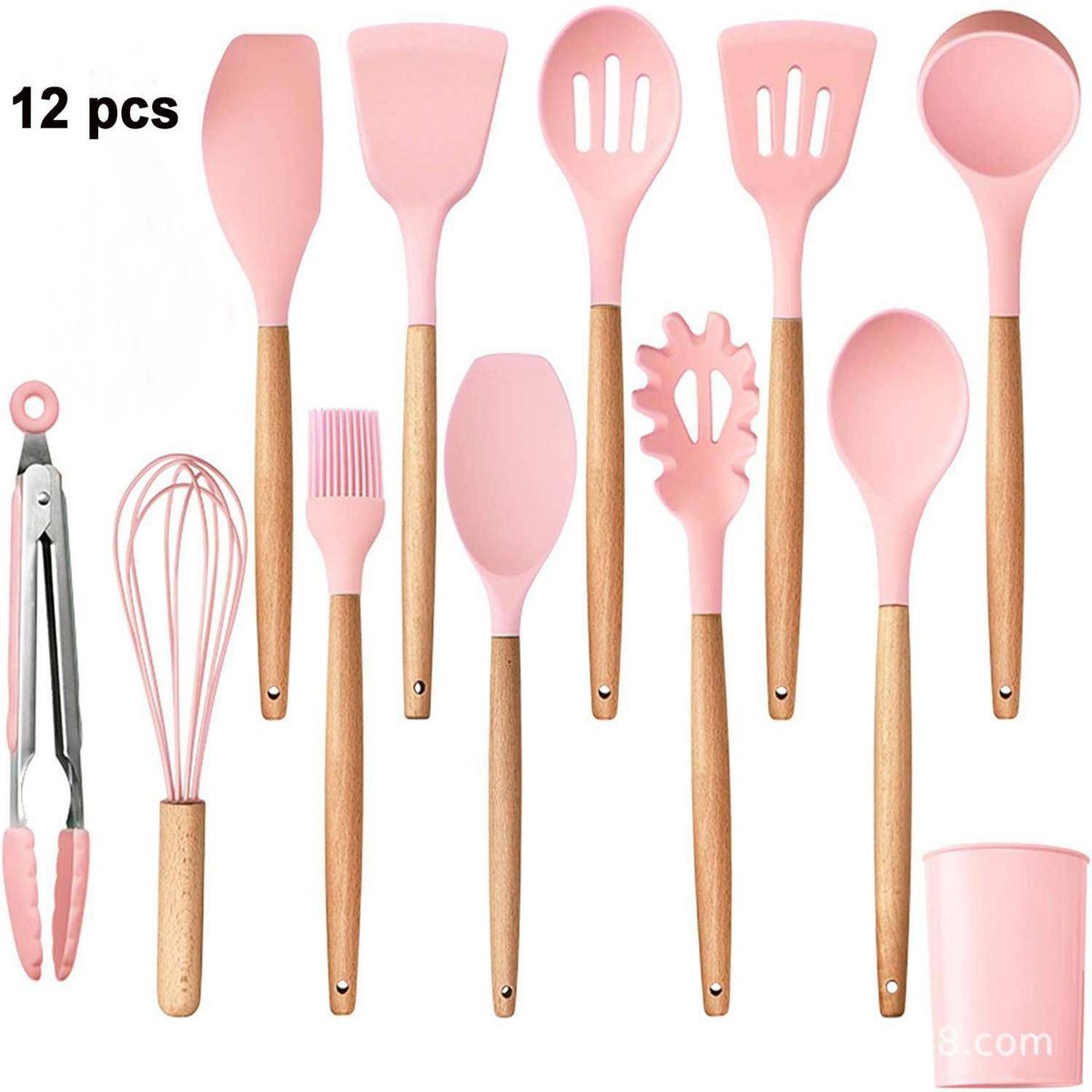 GENERICO - Set Utensilios Cocina Silicona Antiadherente Rosado-12 Piezas