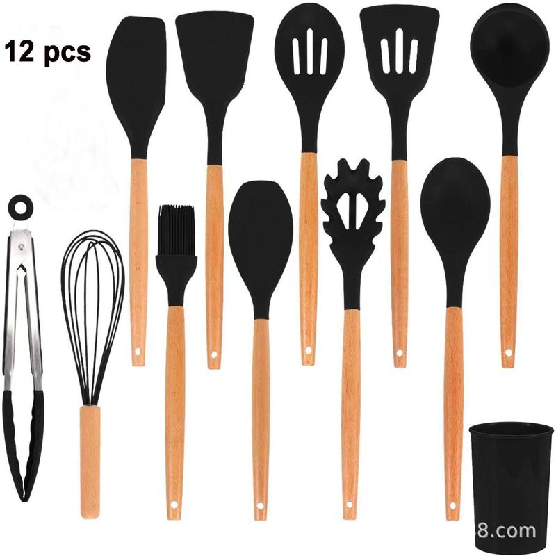 GENERICO - Set Utensilios Cocina Silicona Antiadherente Negro-12 Piezas