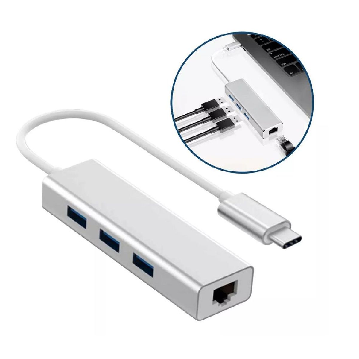 GENERICO - Hub Adaptador Tipo C 3 Puertos Usb 3.0 + Ethernet
