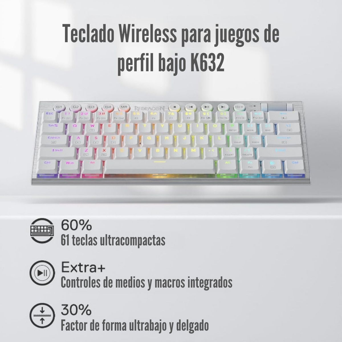 REDRAGON - Redragon - Teclado Horus Mini Pro K632 60 Wireless Switch Red Blanco
