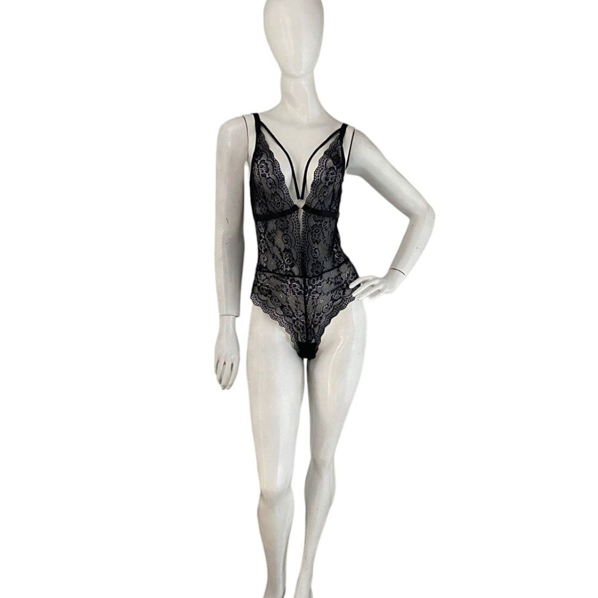 GENERICO - Body negro de encaje recortado con tira ajustable en la espalda