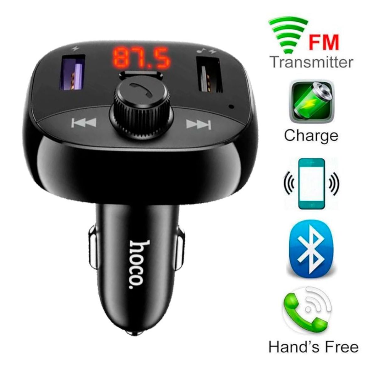 HOCO - TRANSMISOR RECEPTOR BLUETOOTH MP3 CARGADOR CELULAR PARA AUTO HOCO DE2