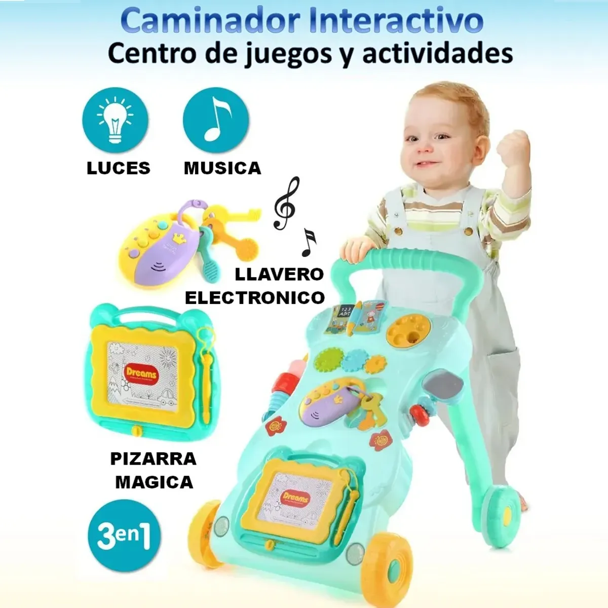 GENERICO - ANDADOR CAMINADOR DIDACTICO PARA BEBE CON PIZARRA - VERDE