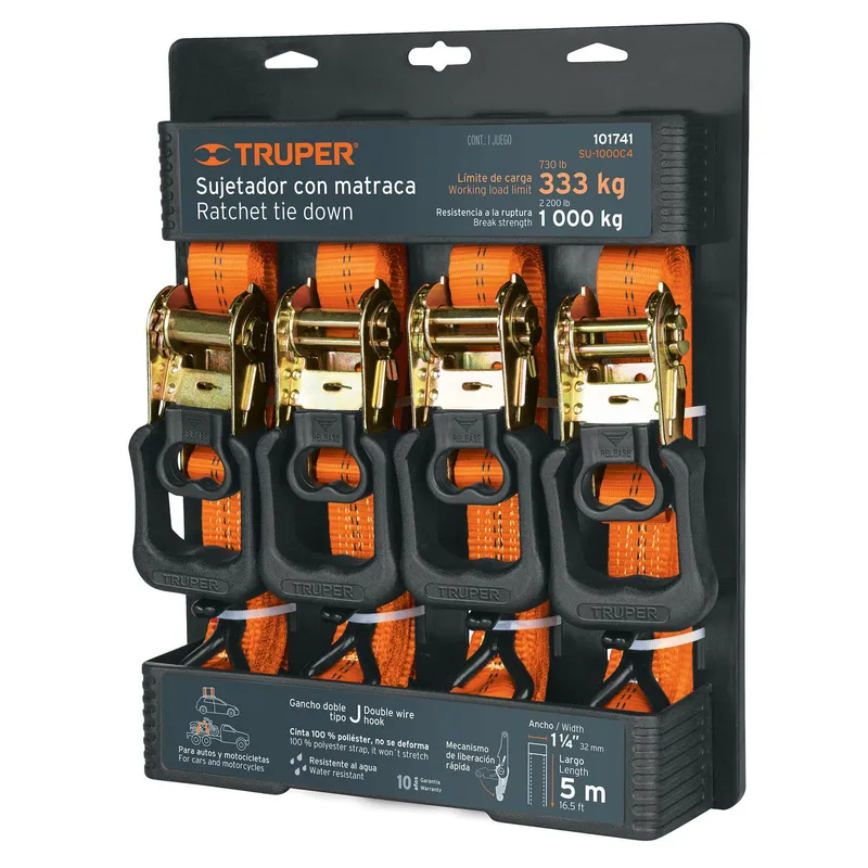 TRUPER - Juego De 4 Sujetadores Con Ratchet, Carga Máx 1000 Kg