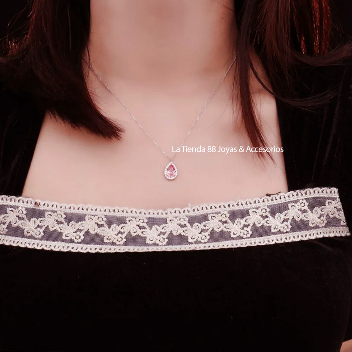 LA TIENDA 88 JOYAS Y ACCESORIOS - La Tienda 88 - Collar Mujer Gota de Cristal Bañado Oro de 18k - Rosa