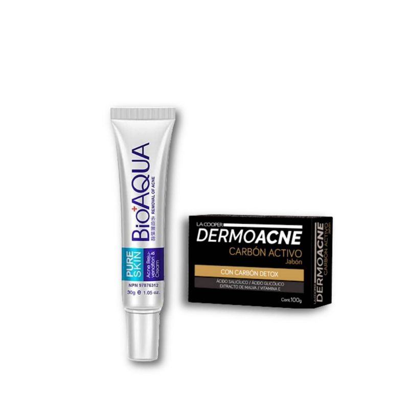 BIOAQUA - Pack Crema AntiAcné Bioaqua y Jabon Dermoacne Jarbon Activado LaCooper
