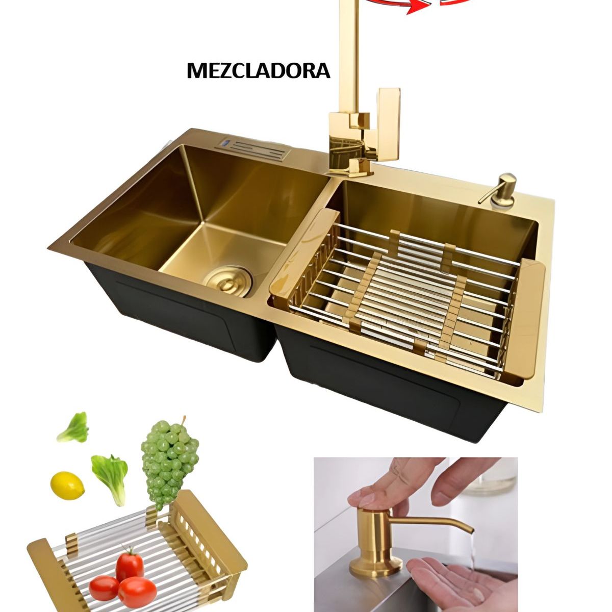 GENERICO - COMBO LAVADERO DE COCINA  2 POZAS + MEZCLADORA DORADA BRILLANTE