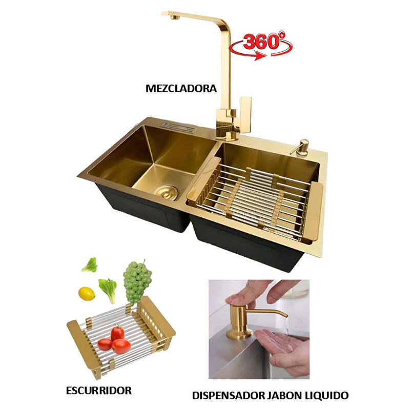 GENERICO - COMBO LAVADERO DE COCINA  2 POZAS + MEZCLADORA DORADA BRILLANTE