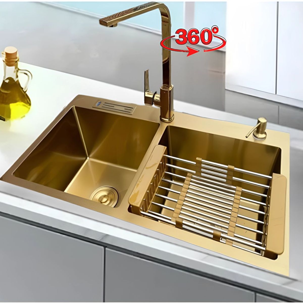 GENERICO - COMBO LAVADERO DE COCINA  2 POZAS + MEZCLADORA DORADA BRILLANTE
