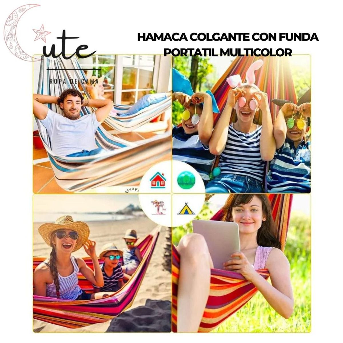 GENERICO - HAMACA COLGANTE CON FUNDA PORTÁTIL MULTICOLOR