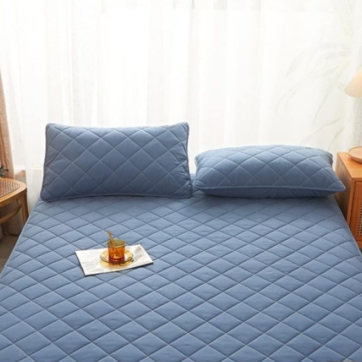 GENERICO - PROTECTOR DE COLCHON IMPERMEABLE ANTI-FLUIDOS AZUL  ACERO 2 PLZ