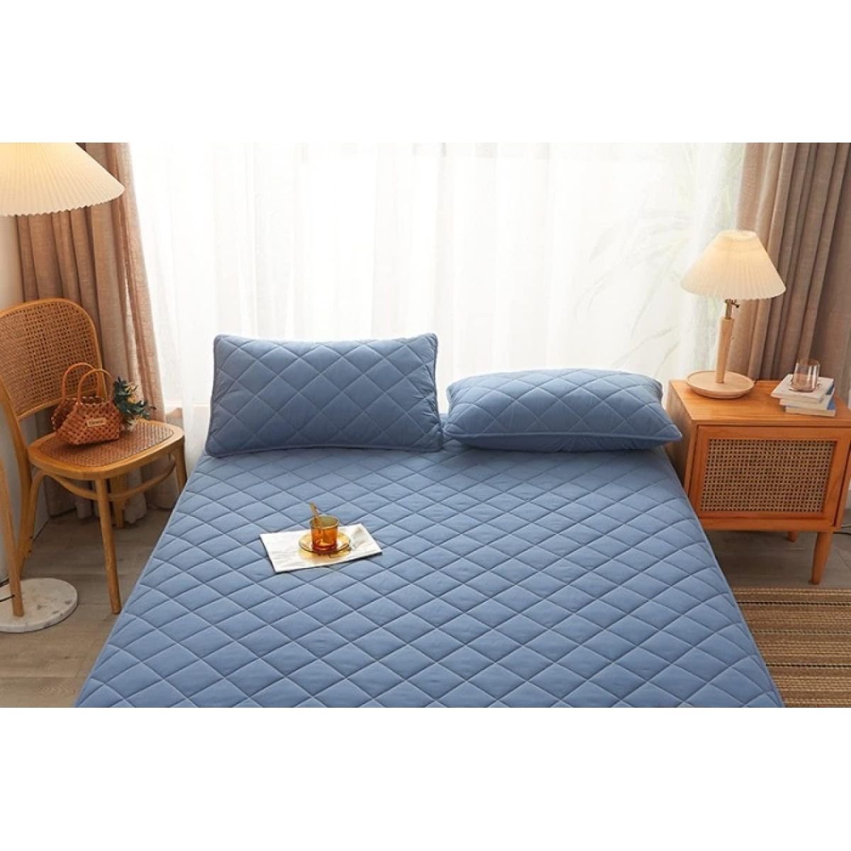 GENERICO - PROTECTOR DE COLCHON IMPERMEABLE ANTI-FLUIDOS AZUL  ACERO 2 PLZ