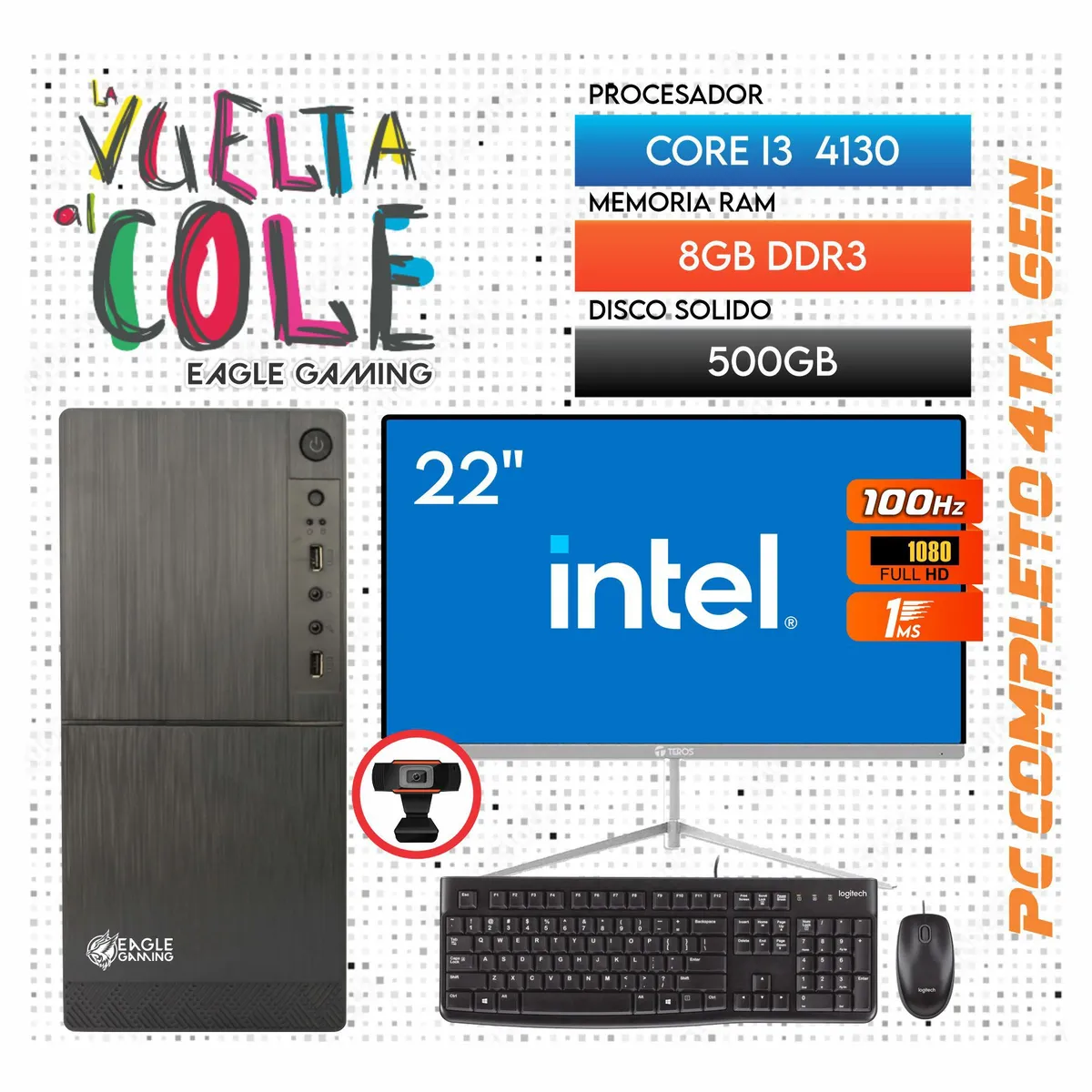 INTEL - Computadora PC Intel Core i3 4130 4TA GEN RAM 8GB SSD 500GB Monitor 22 FHD