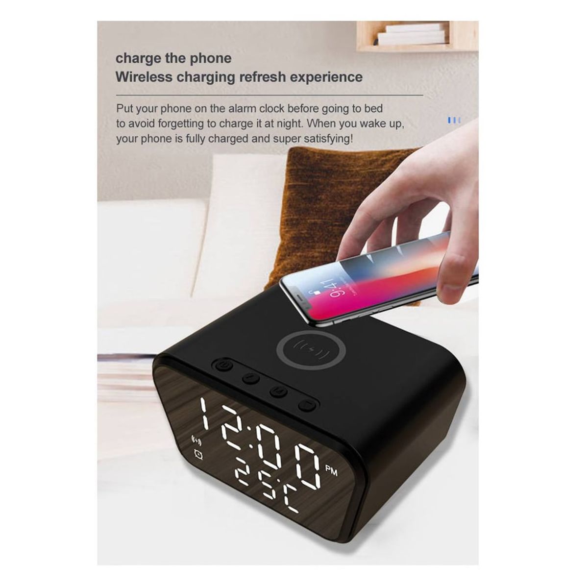 GENERICO - Cargador Inalámbrico con Reloj Despertador Alarma y Temperatura 3 en 1