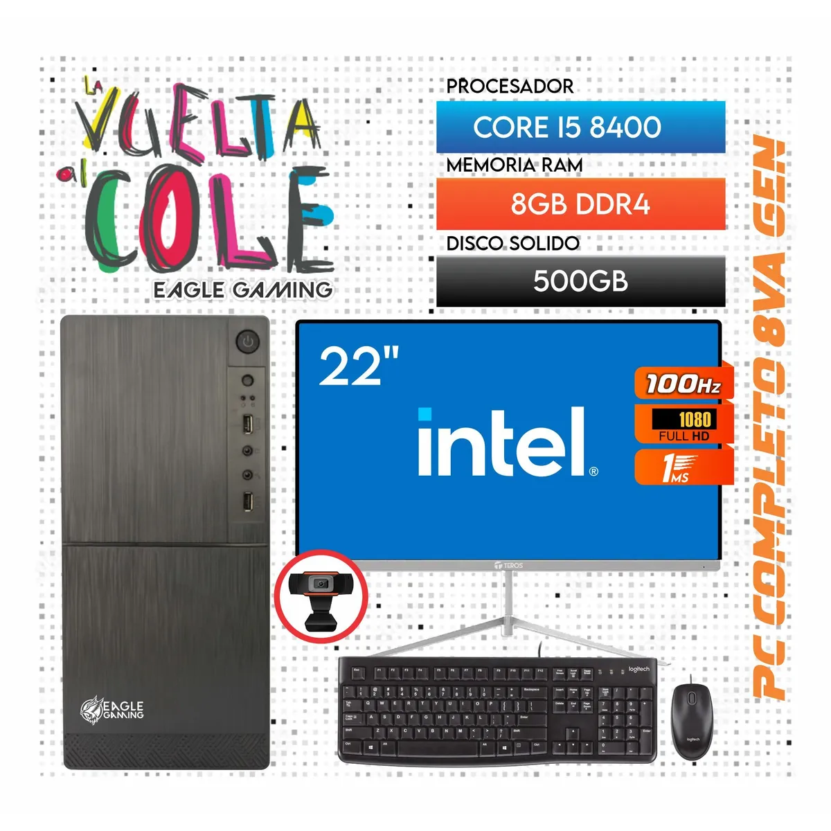 INTEL - Computadora PC Intel Core i5 8400 8VA GEN RAM 8GB SSD 500GB Monitor 22 FHD
