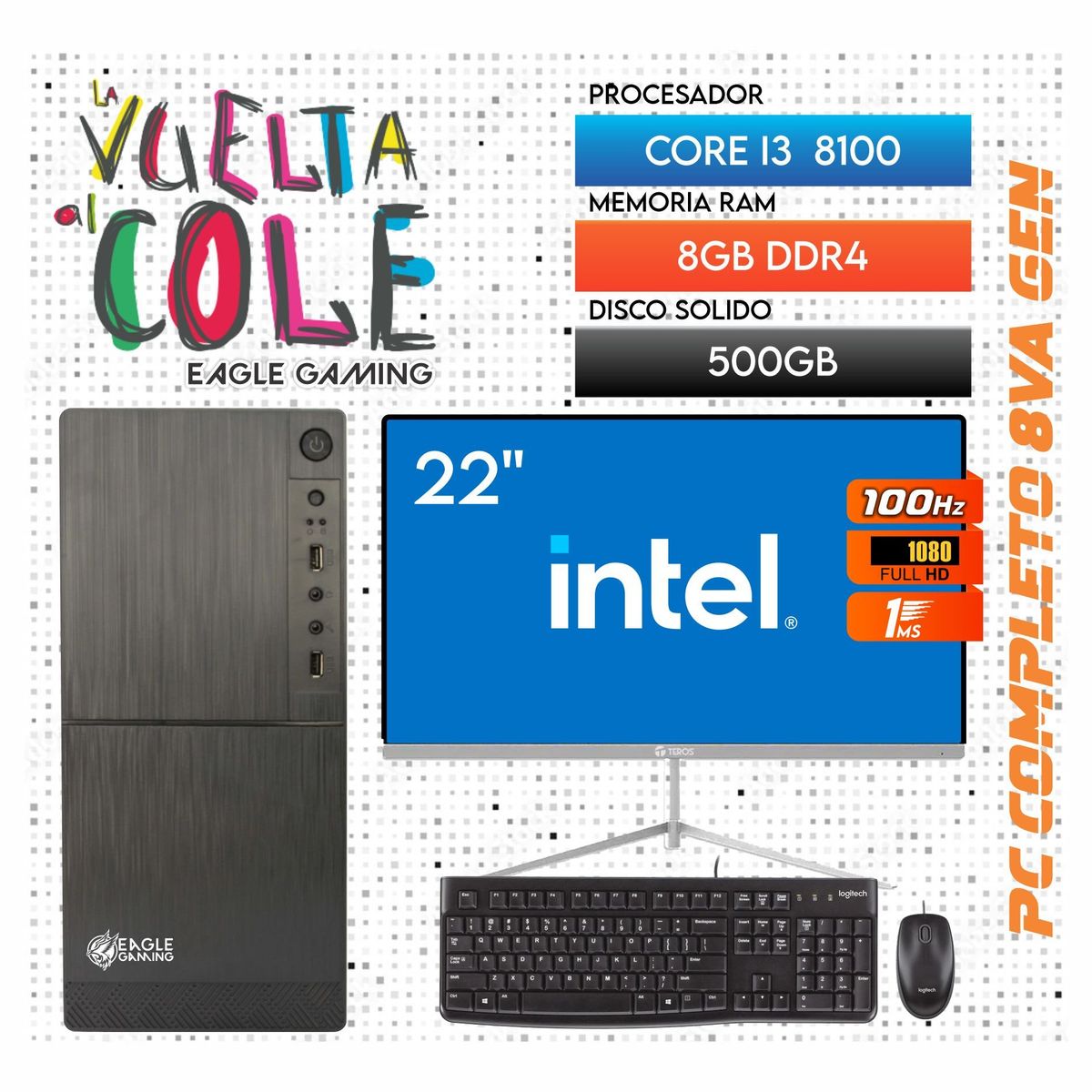 INTEL - Computadora PC Intel Core i3 8100 8VA GEN RAM 8GB SSD 500GB Monitor 22 FHD
