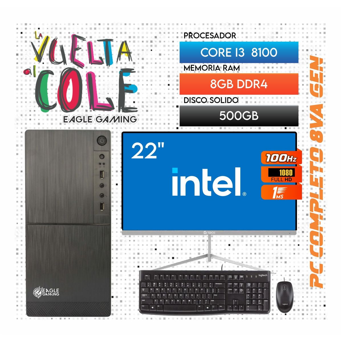 INTEL - Computadora PC Intel Core i3 8100 8VA GEN RAM 8GB SSD 500GB Monitor 22 FHD