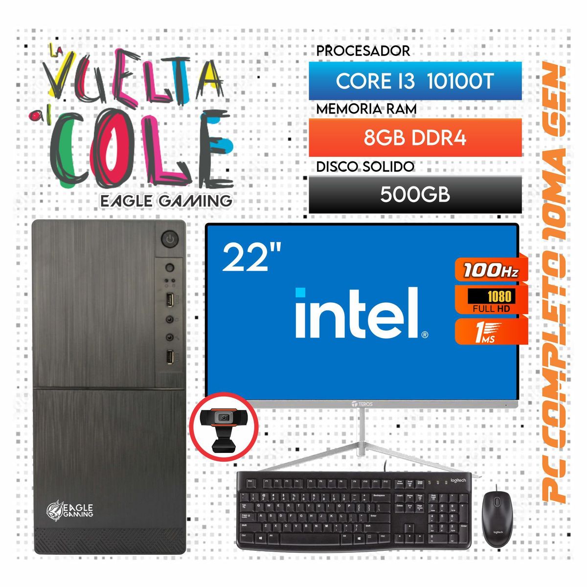 INTEL - Computadora PC Intel Core i3 10100T 10MA GEN RAM 8GB SSD 500GB Monitor 22 FHD
