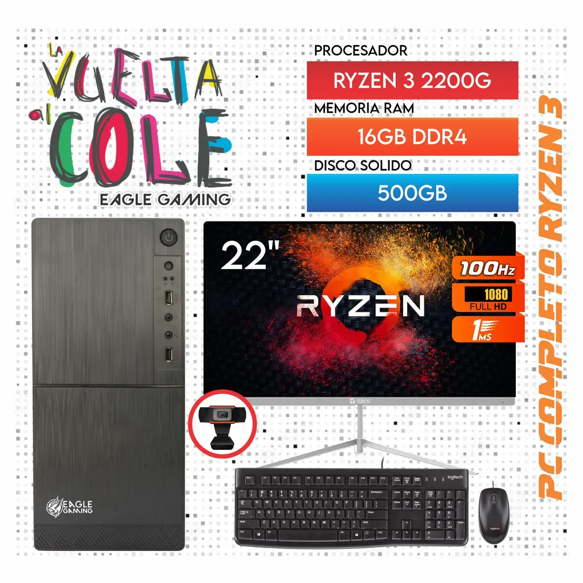 AMD - Computadora PC GAMER RYZEN 3 2200G RAM 16GB SSD 500GB Monitor 22" KIT LOGITECH