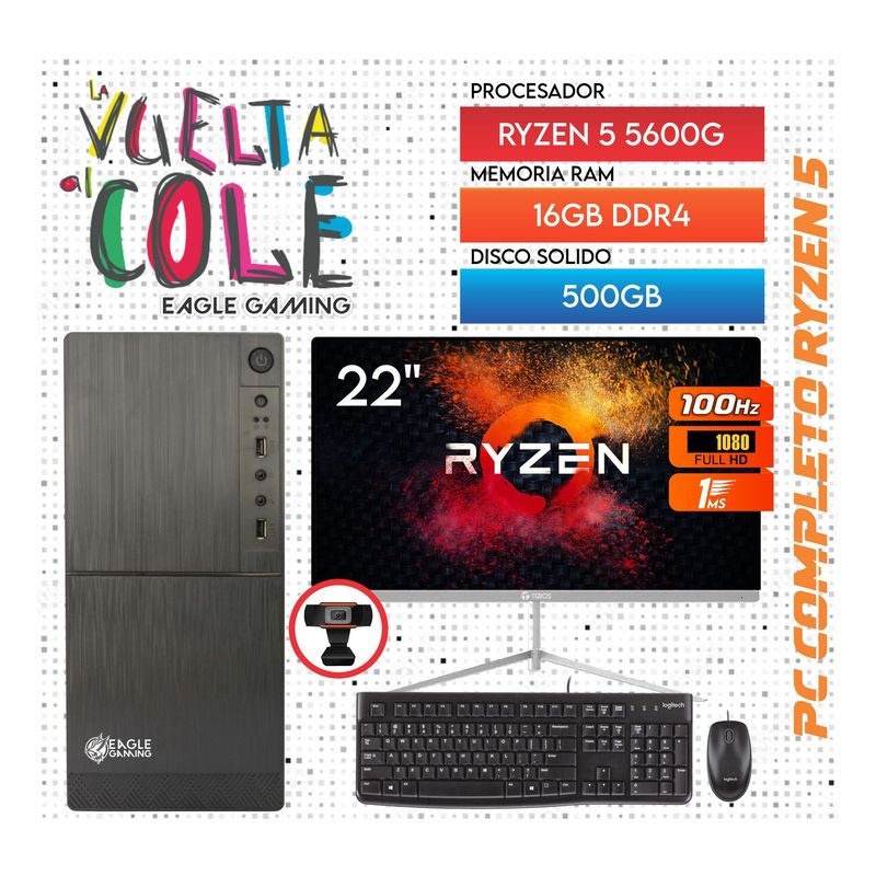 AMD - Computadora PC GAMER RYZEN 5 5600G RAM 16GB SSD 500GB Monitor 22" KIT LOGITECH