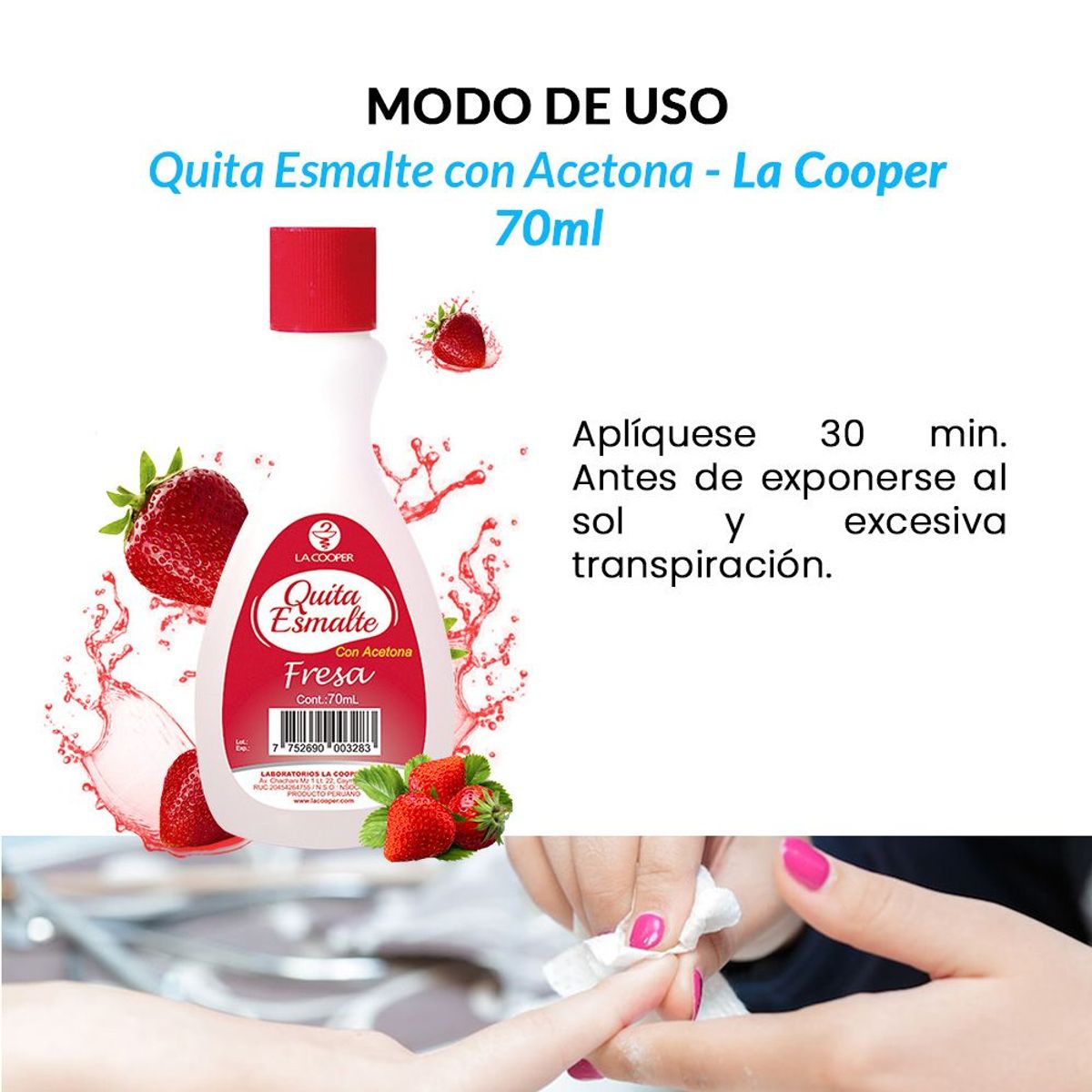 GENERICO - 3 Quita Esmalte con Acetona Fresa 70ml - La Cooper