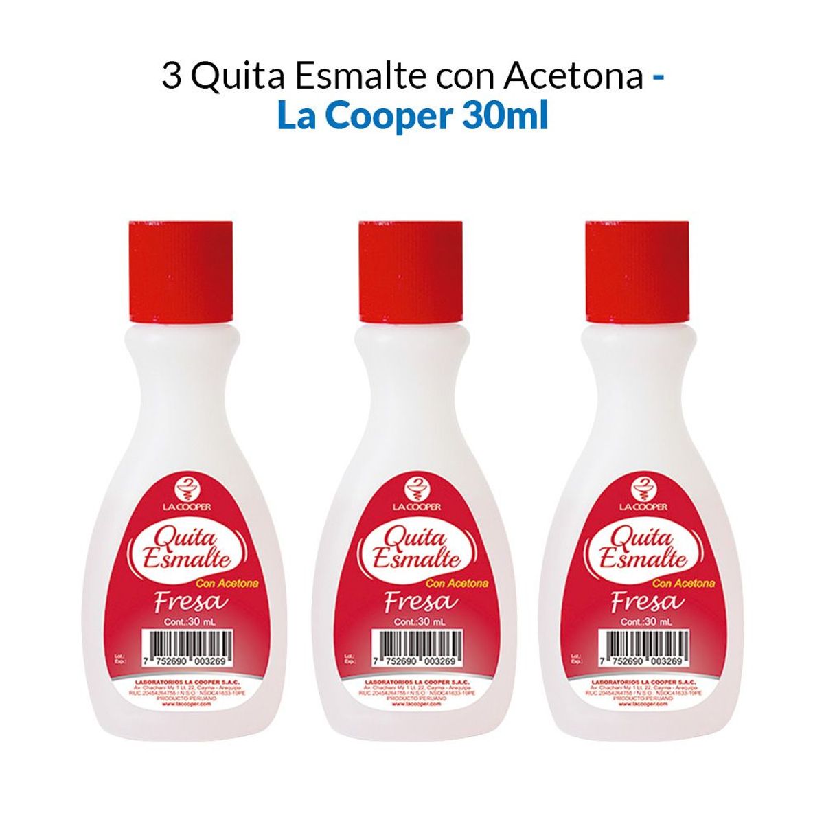 GENERICO - 3 Quita Esmalte con Acetona Fresa 30ml - La Cooper