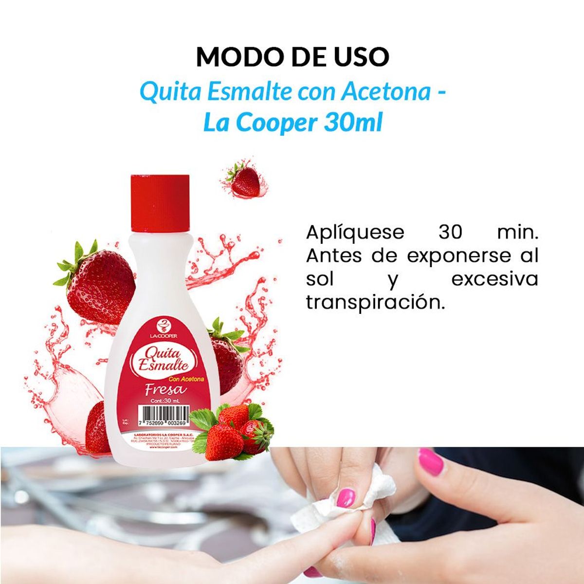 GENERICO - Quita Esmalte con Acetona Fresa 30ml - La Cooper