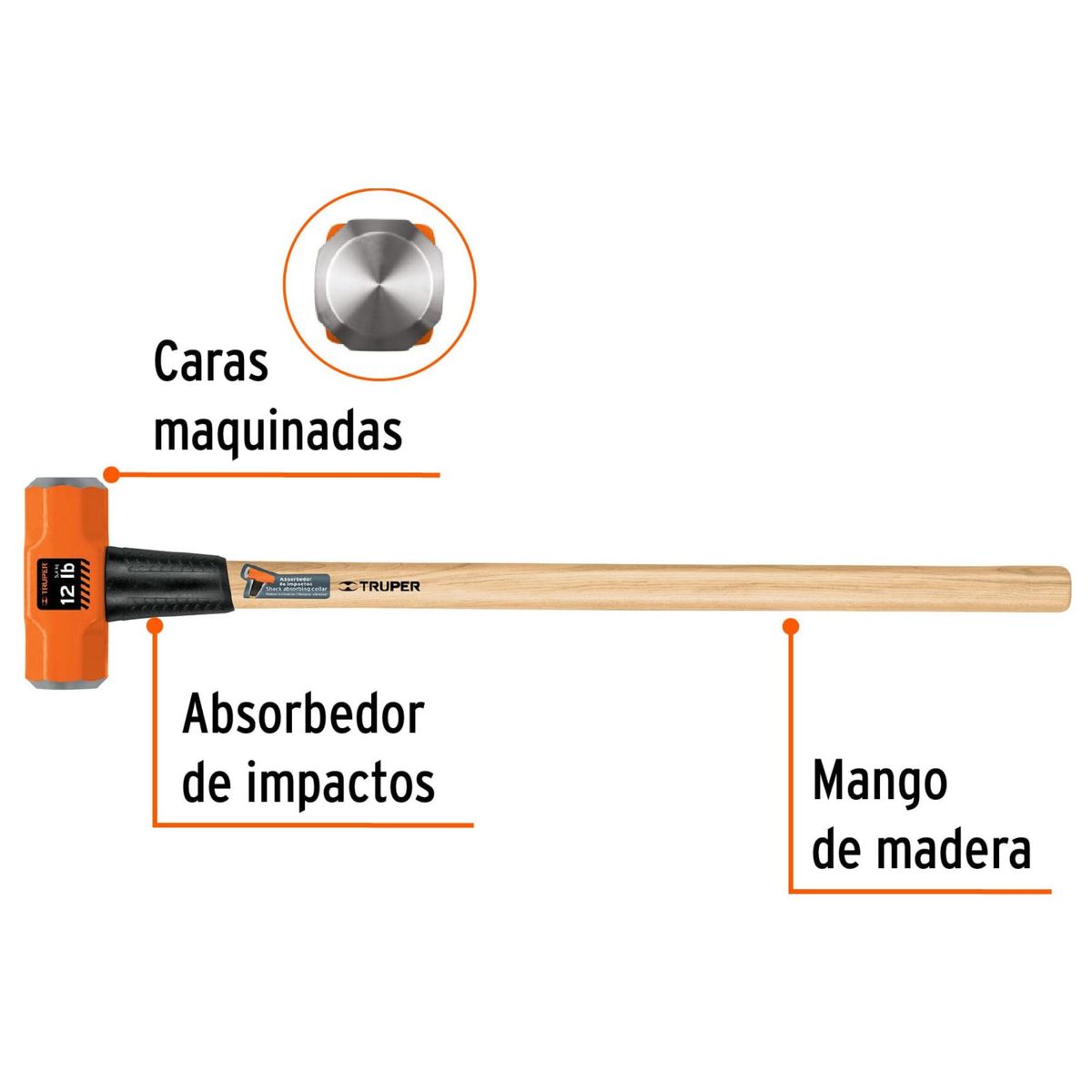 TRUPER - Comba  12 lb octagonal, mango de madera 36", Truper