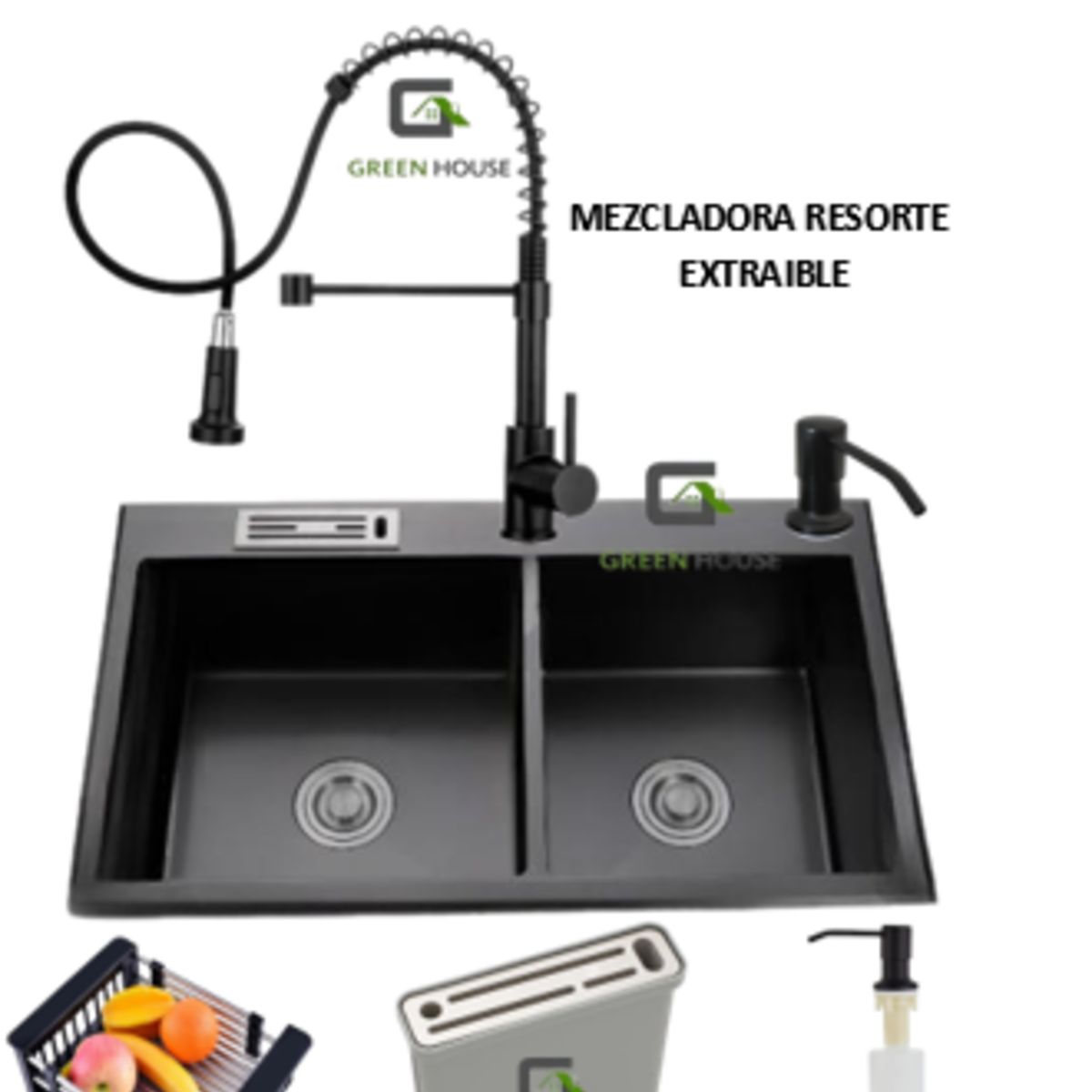 GENERICO - COMBO LAVADERO DE COCINA  2 POZAS NEGRO + MEZCLADORA EXTRAIBLE RESORTE
