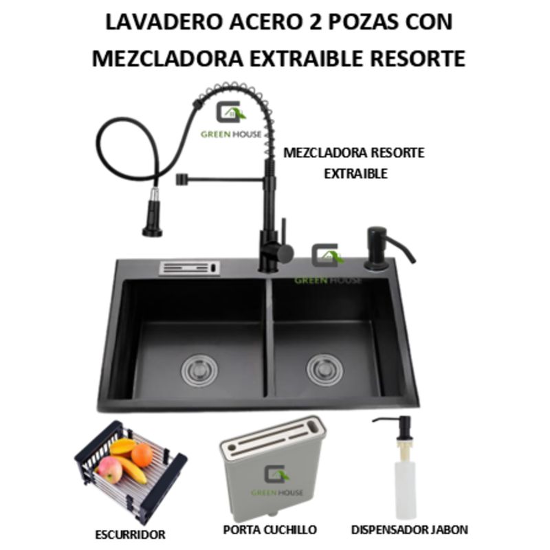 GENERICO - COMBO LAVADERO DE COCINA  2 POZAS NEGRO + MEZCLADORA EXTRAIBLE RESORTE