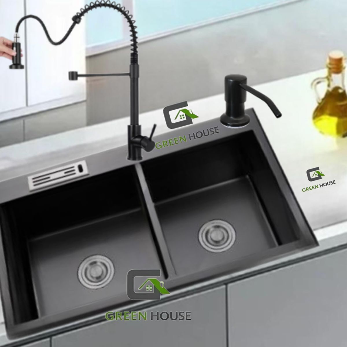 GENERICO - COMBO LAVADERO DE COCINA  2 POZAS NEGRO + MEZCLADORA EXTRAIBLE RESORTE