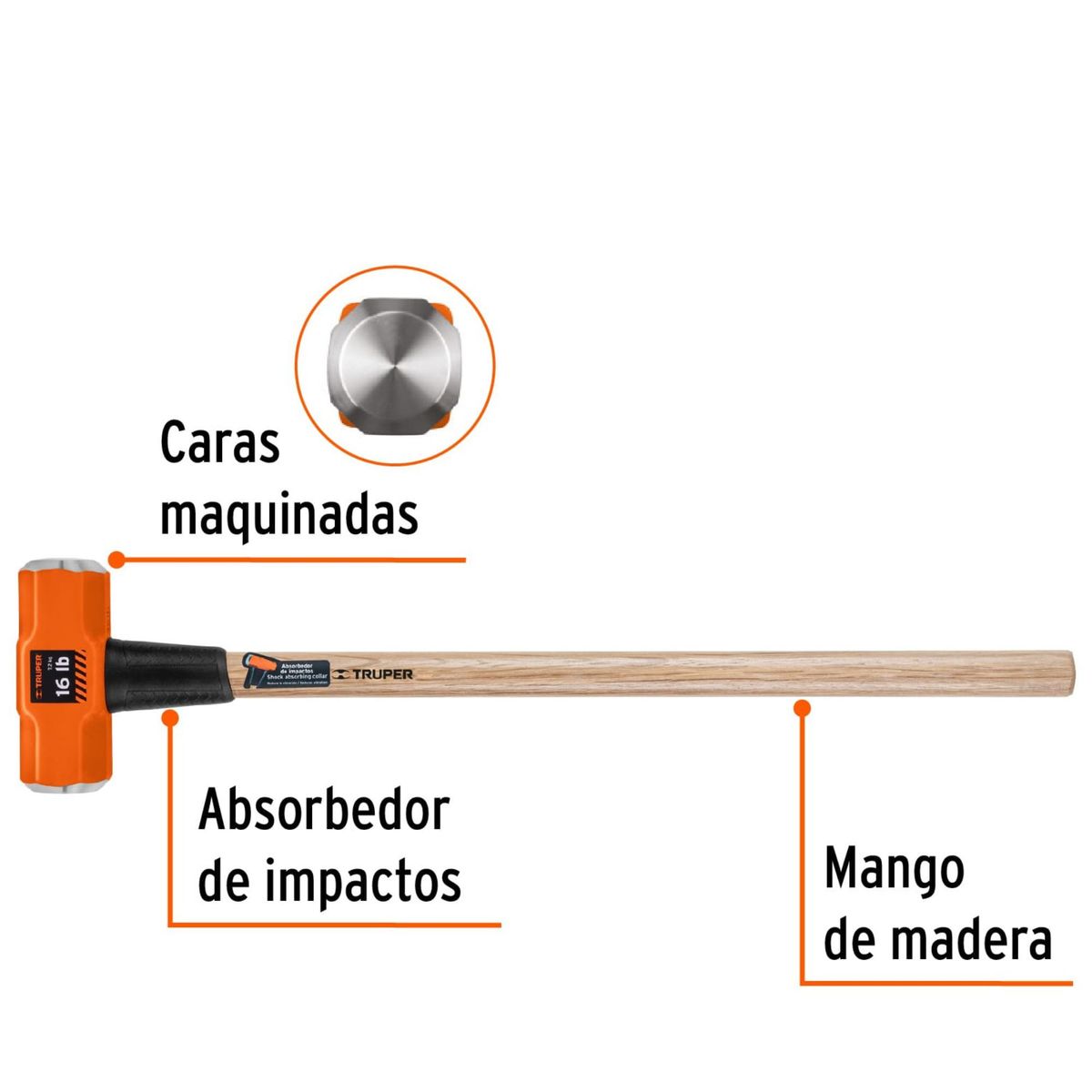 Truper - Comba  16 lb octagonal, mango de madera 36", Truper
