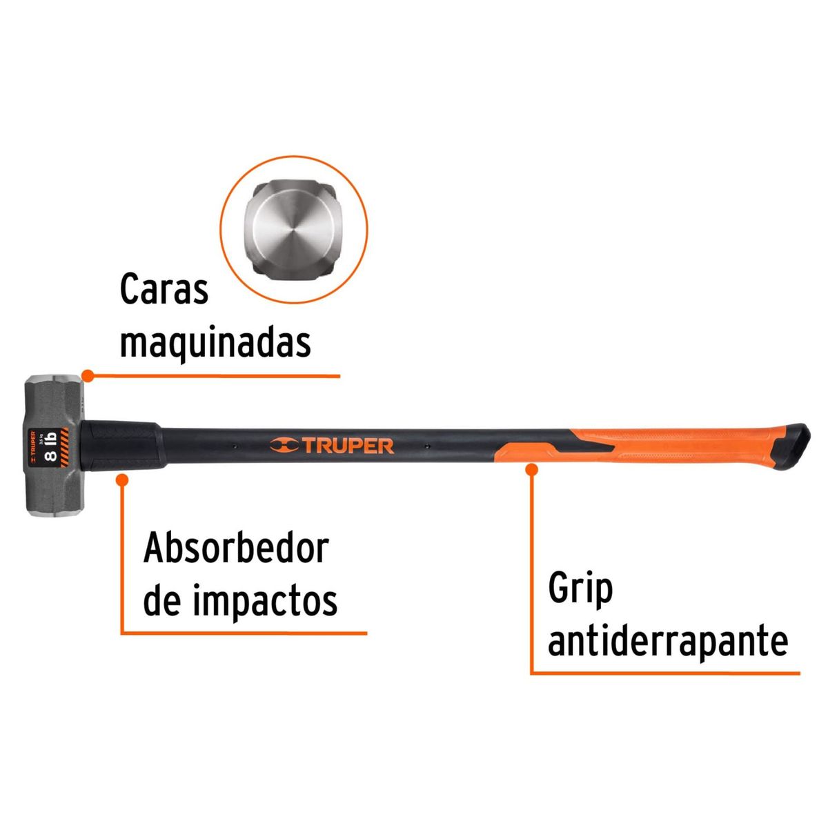 Truper - Comba 8 lb octagonal, mango fibra de vidrio 36", Truper
