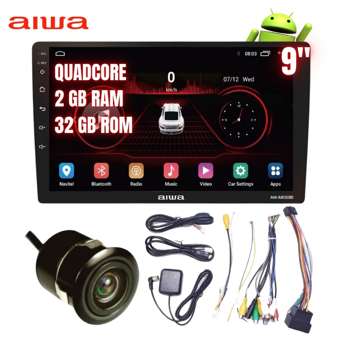 AIWA - Autoradio Aiwa Android BT 2GB RAM + 32GB LCD 9" HD 2 Din AW-A802BS