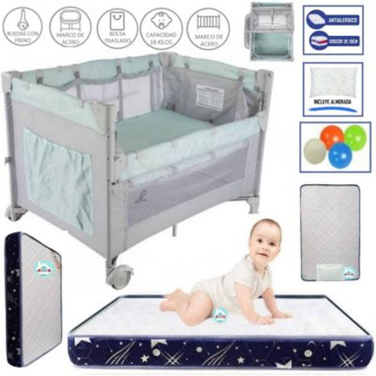 INFANTI - Corral Cuna Always Together + Colchón para bebe AZUL
