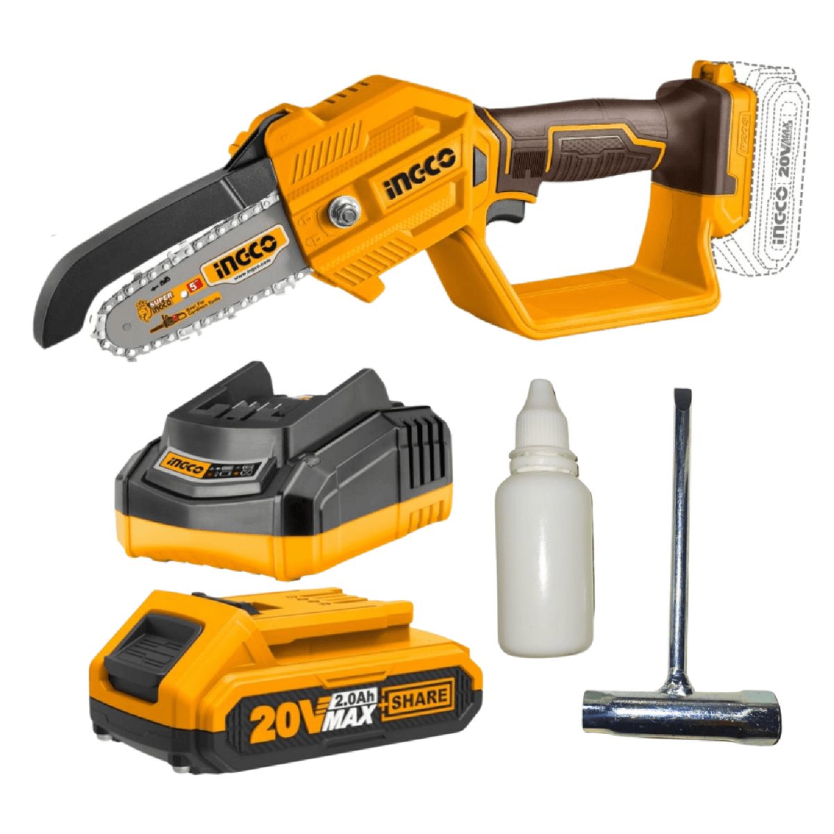 INGCO - Mini motosierra 5" 20v incluye batería 2ah y cargador Ingco