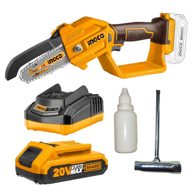 INGCO TOOLS - Mini motosierra 5 20v incluye bateria 2ah y cargador Ingco