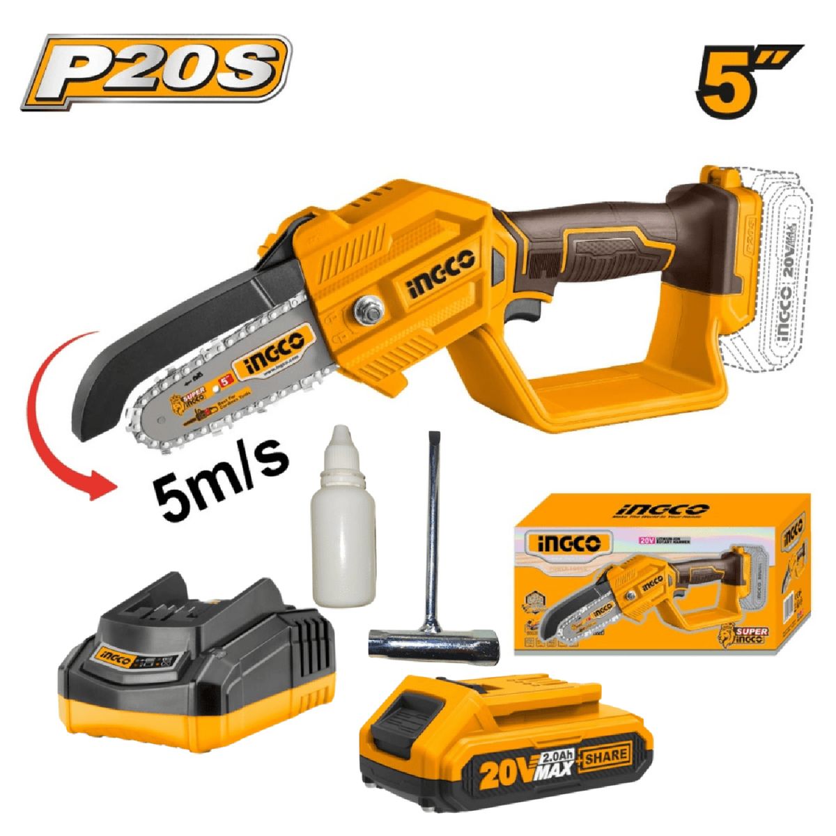 INGCO - Mini motosierra 5" 20v incluye batería 2ah y cargador Ingco