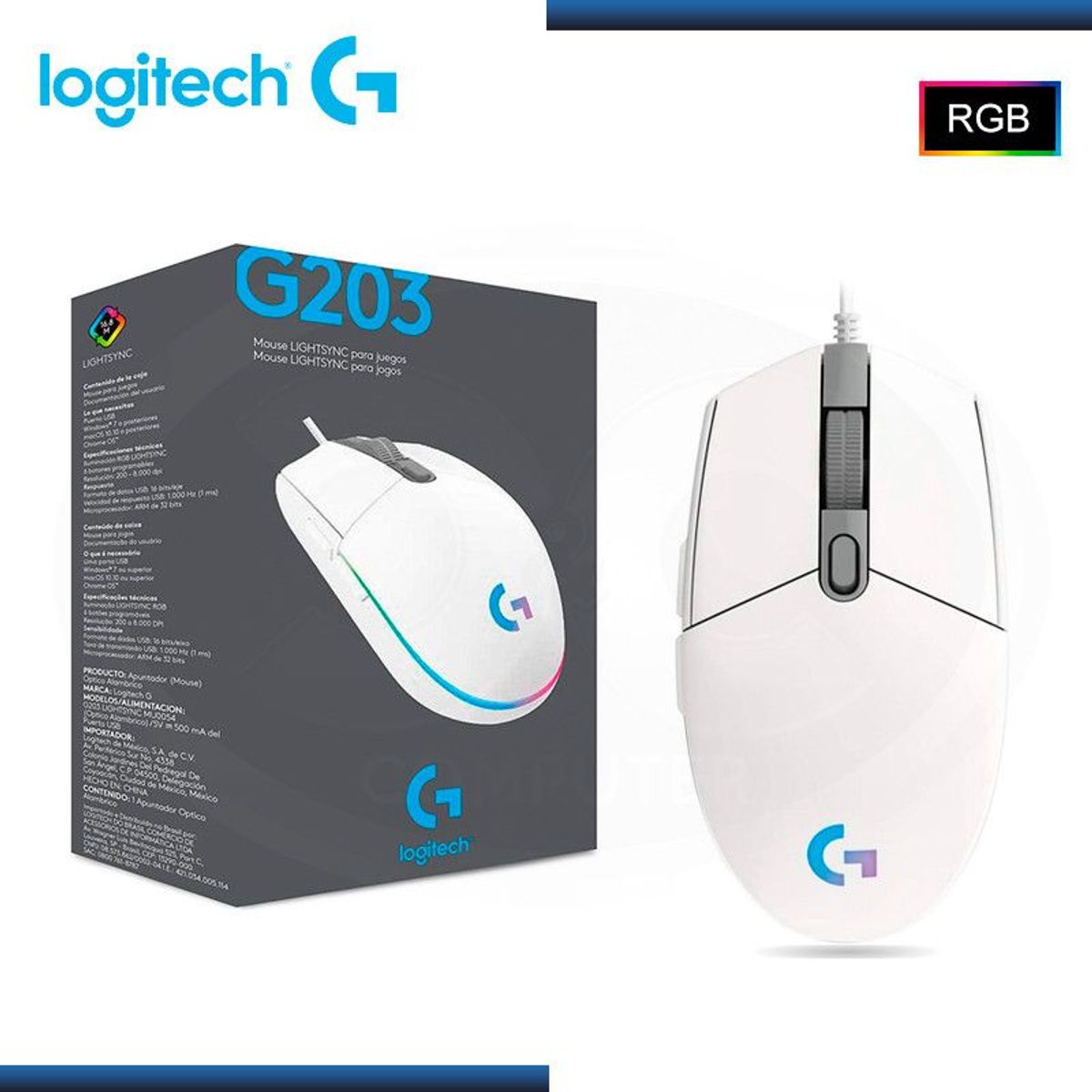 LOGITECH - MOUSE LOGITECH G203 LIGHTSYNC OPTICAL 8000 DPI RGB WHITE