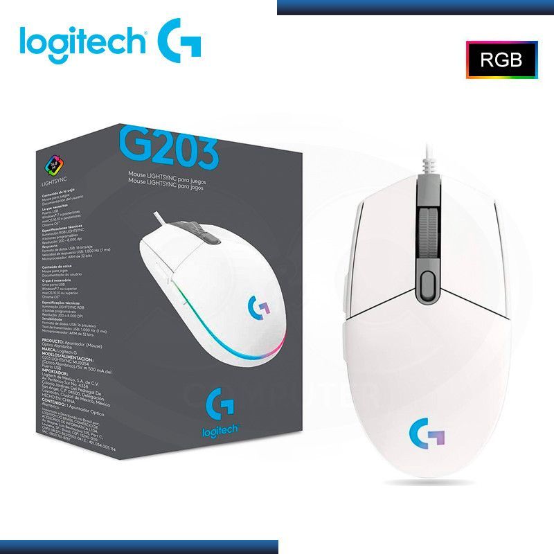 LOGITECH - MOUSE LOGITECH G203 LIGHTSYNC OPTICAL 8000 DPI RGB WHITE
