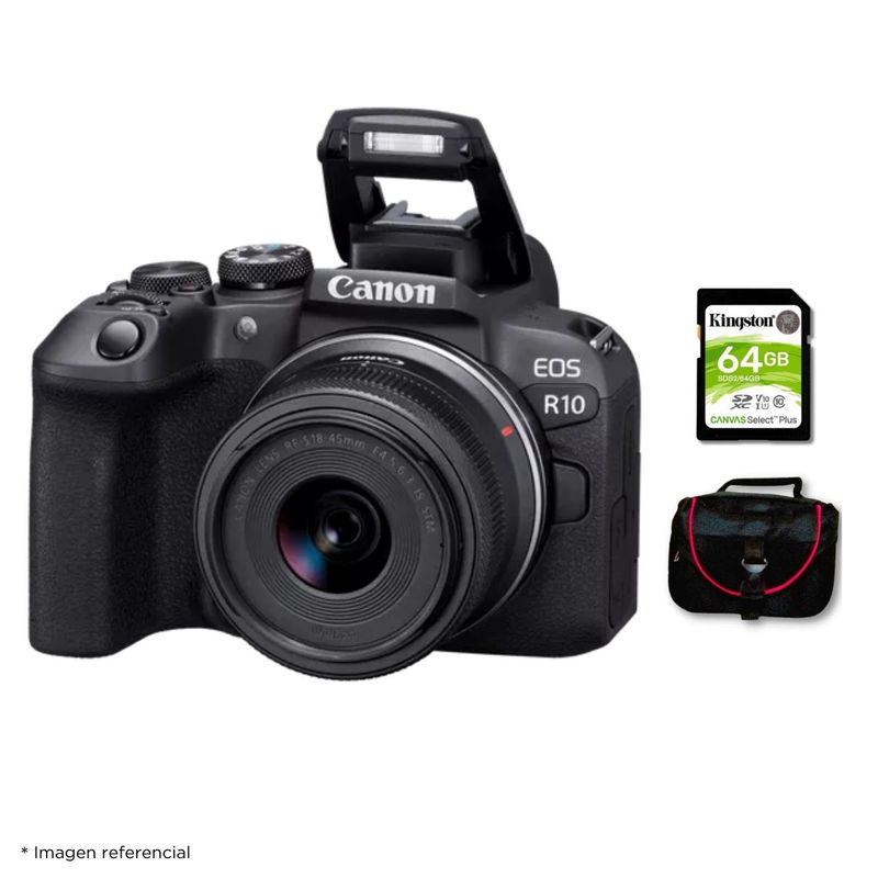 CANON - Cámara Canon EOS R10  Lente RF-S 18-45mm  Kit Básico de Accesorios.