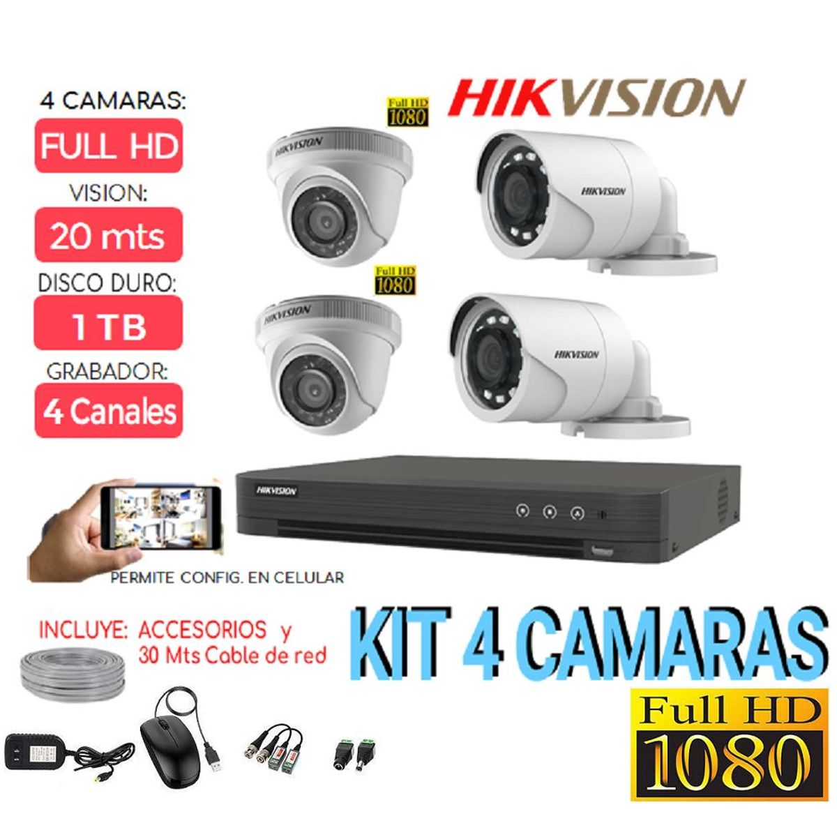 HIKVISION - kit 4 Camaras Full HD DVR Hikvision Disco 1Tb, cable red 40 mts, accesorios